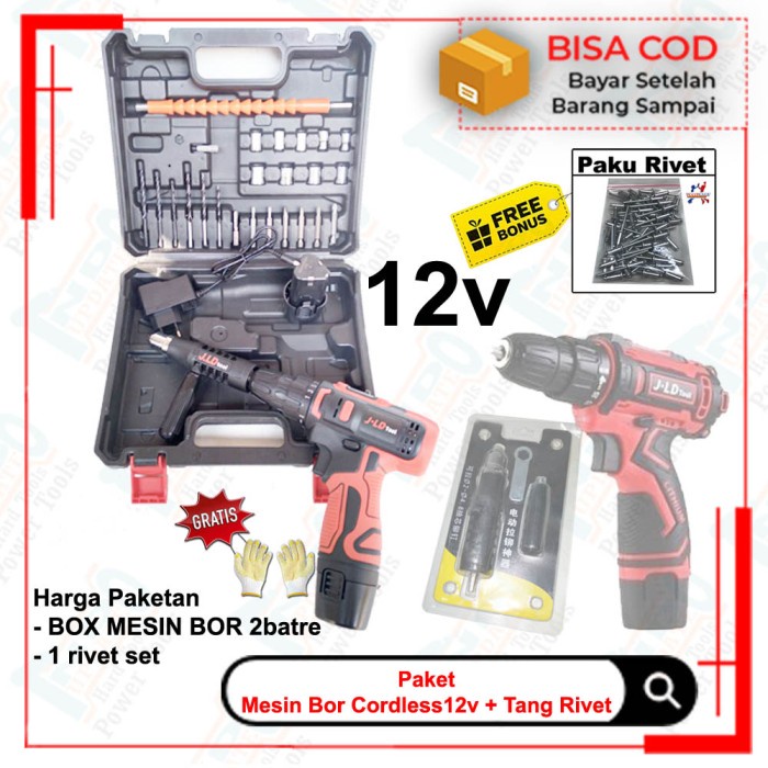 Rivet Tang Ripet Mesin Bor 2Baterai Komplit Cordless Kayu Besi 12V