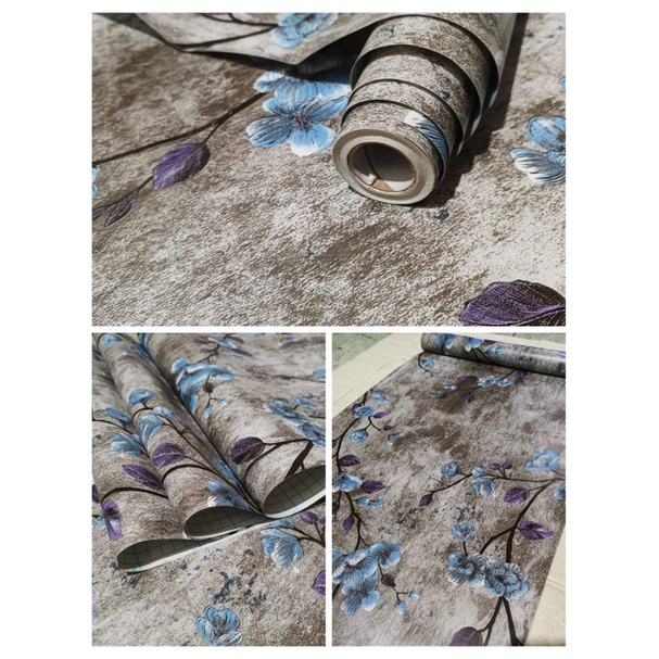 Wallpaper Dinding Kamar Tidur Motif  Bunga Sakura biru Mewah Clasik Stiker Dinding 3D Murah