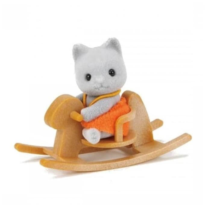 PROMO MAINAN KOLEKSI SYLVANIAN FAMILIES GREY CAT BABY WITH ROCKING HORSE TERLARIS