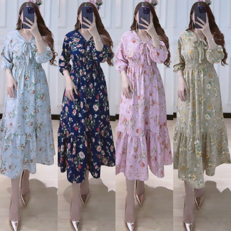 Baju Daster  Dress Longdress Homedress Home Dress Terusan Lengan Panjang Smock Smok Kerut Serut Dada