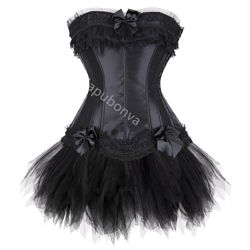 Black Corset Dress Plus Size Sexy Overbust Bustier Tutu Skirt Victorian Burlesque Gothic