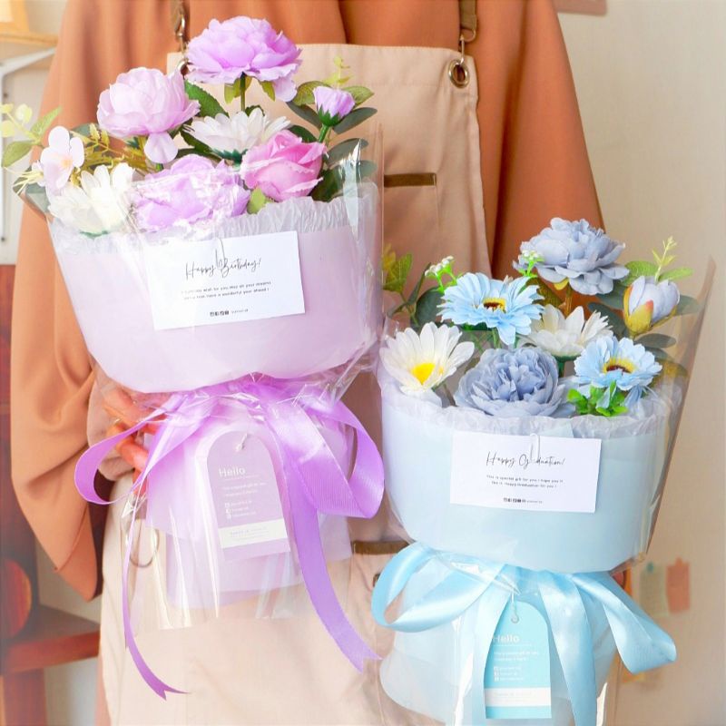 Buket Bunga Premium Tweed Round Russian Style, Artificial Flowers & Aestethic Bouquet | Hadiah Valen