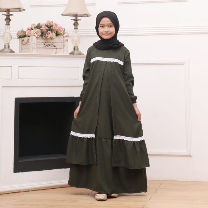 PROMO GAMIS ANAK PEREMPUAN GAMIS ANAK RENDA BAJU ANAK TERBARU GAMIS MUSLIMAH - HIJAU ARMY, S ELEGAN 