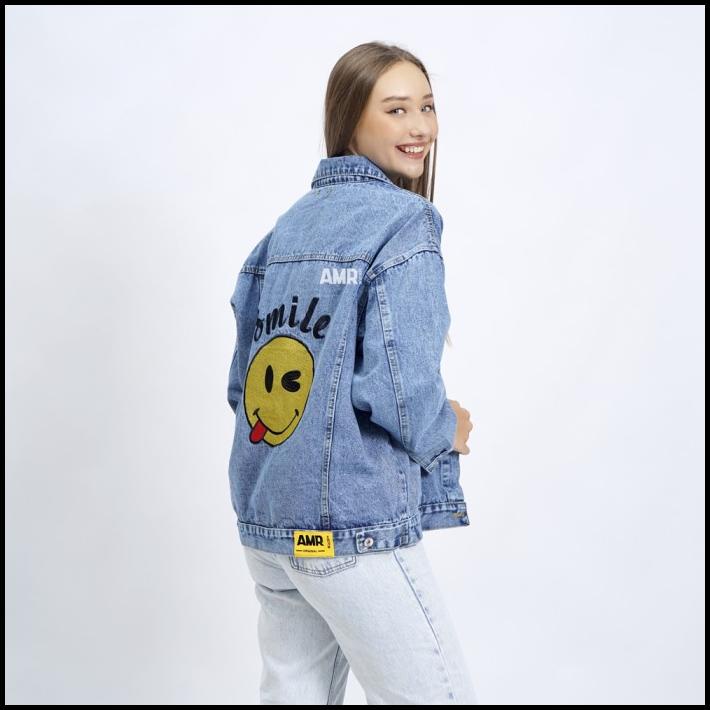 Amr Original- Jaket Jeans Oversize Cewe Gambar Lucu Emoji - Smile 1263