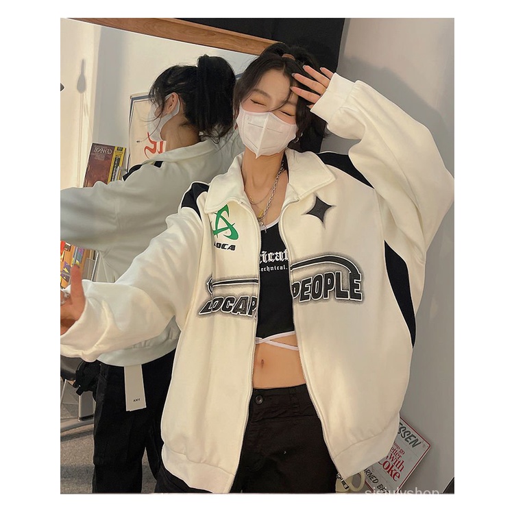 [✅BISA COD] #Sisjuly# Jaket biker wanita/sweter kardigan kerah vintage Amerika Y2K/jaket longgar gay