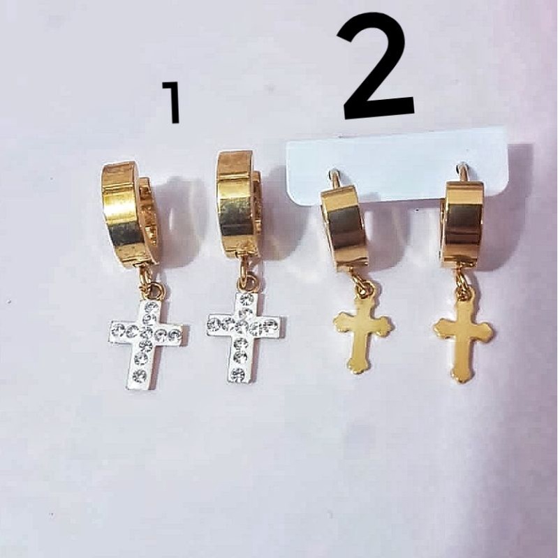 Anting Titanium Salib Gold Polos dan Permata 037