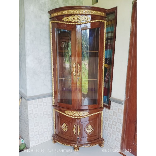 lemari sudut jati jepara / lemari sudut ruang tamu minimalis / lemari pojok tambang putih duco / lem