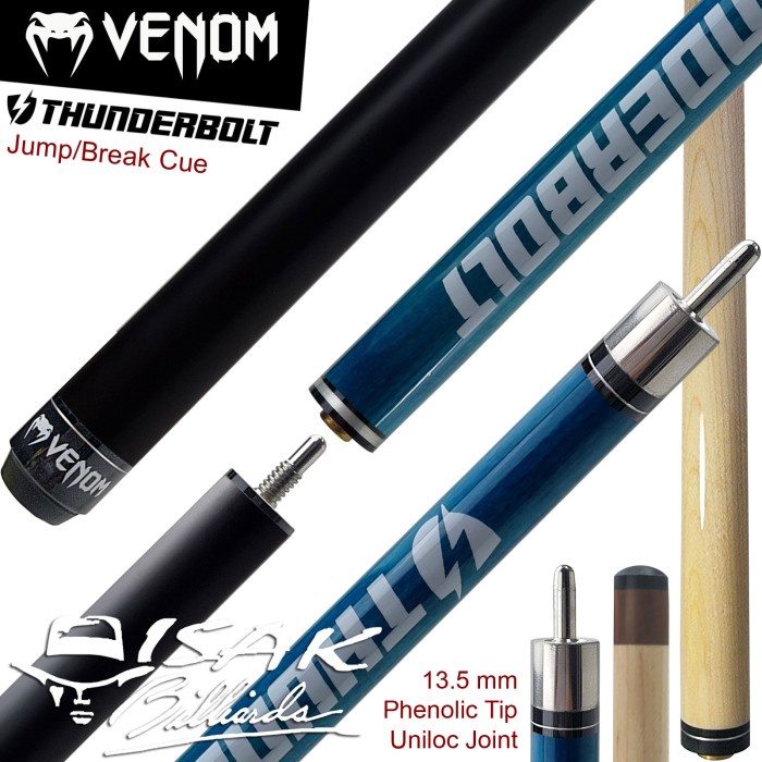 Venom Thunderbolt Jump Break Cue Blue 13.5mm Stick Loncat Billiard