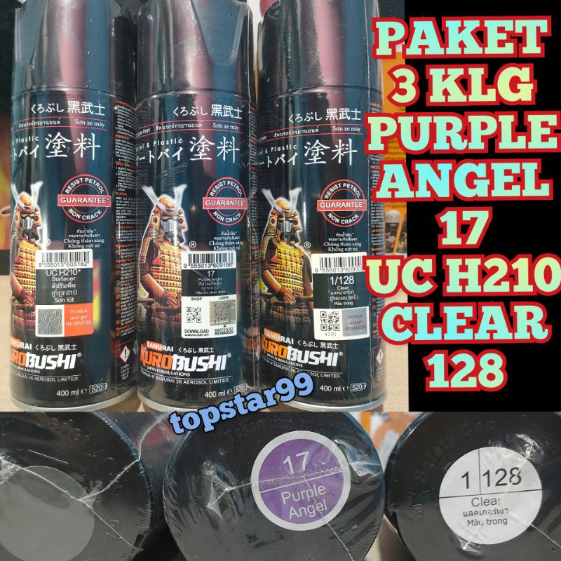 Samurai Paint Paket 3 Kaleng Pilok Pilox Cat Semprot Samurai Paketan Lengkap Ungu Lilac Purple Angel 17 Epoxy Surfacer UC H210 Clear Pernis Glossy 128 400ml