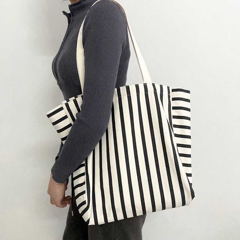 Sera high-value ins lazy wind striped large-capacity canvas bag simple student office worker mother out shopping bag