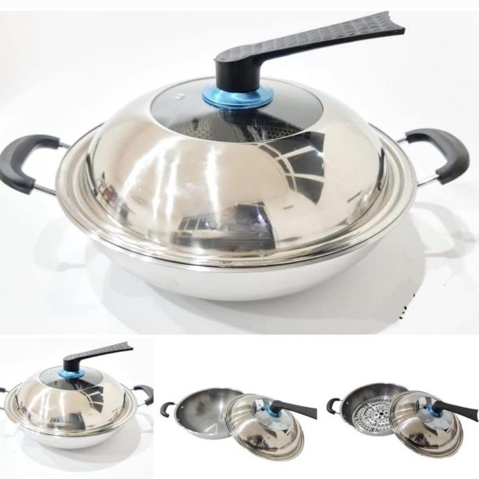 Wok Fry Pan Wajan Anti Lengket 34cm Plus Tutup Stainless