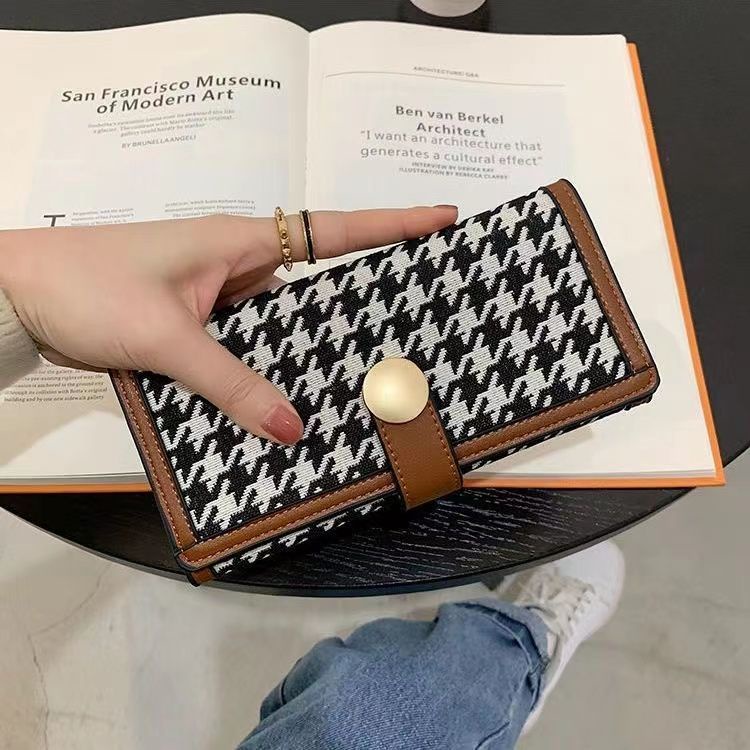 Sera Net Merah Houndstooth Dompet Wanita Serbaguna Korea Koin Lipat Tiga Klip Multi-Slot Kartu Lucu pemegang Kartu Kopling Panjang