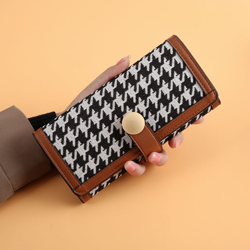 Sera baru kanvas houndstooth dompet kecil wanita paragraf pendek warna kontras lipat klip koin multi-kartu gesper tas genggam panjang