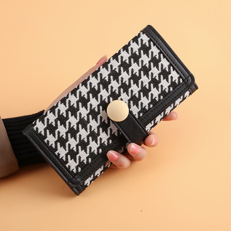 Sera baru kanvas houndstooth dompet kecil wanita paragraf pendek warna kontras lipat klip koin multi-kartu gesper tas genggam panjang