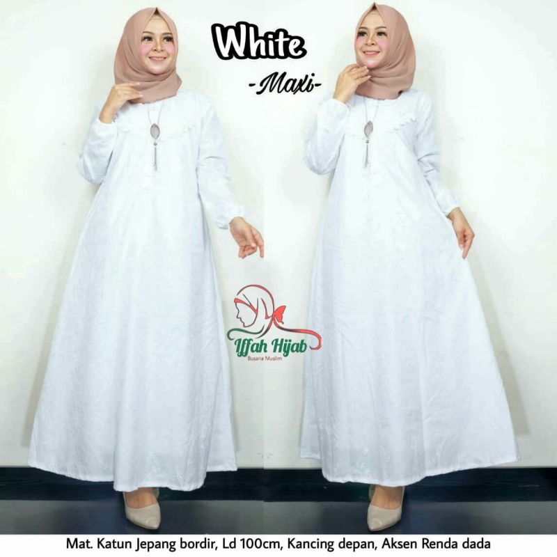 Gamis putih modern White Maxy Longdress putih katun Jepang bordir elegan baju panjang putih bordir w