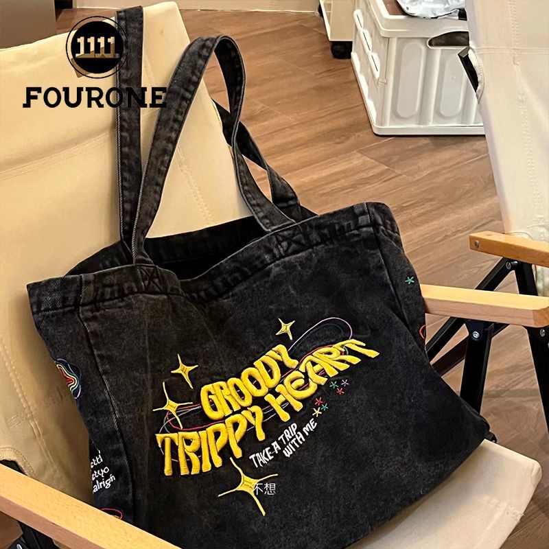 Sera FOUR ONE retro American denim canvas bag ins large capacity embroidery shoulder bag student all-match handbag