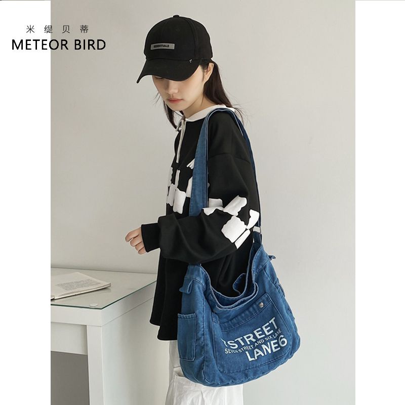 Sera Miti Betty college angin tote ekstra besar tas wanita single bahu Messenger retro denim tas fashion letter printing all-match