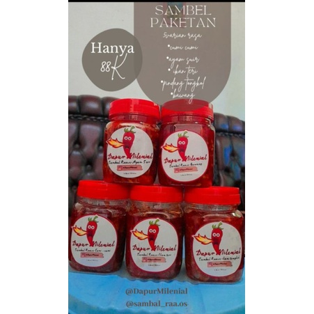

Sambal 5 varian (cumi,ayam suir,tongkol,teri,bawang)