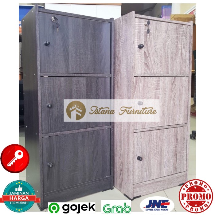 Terlaris Lemari Rak Buku Serbaguna Loker Dokumen Kantor Kayu 3 Susun + Kunci