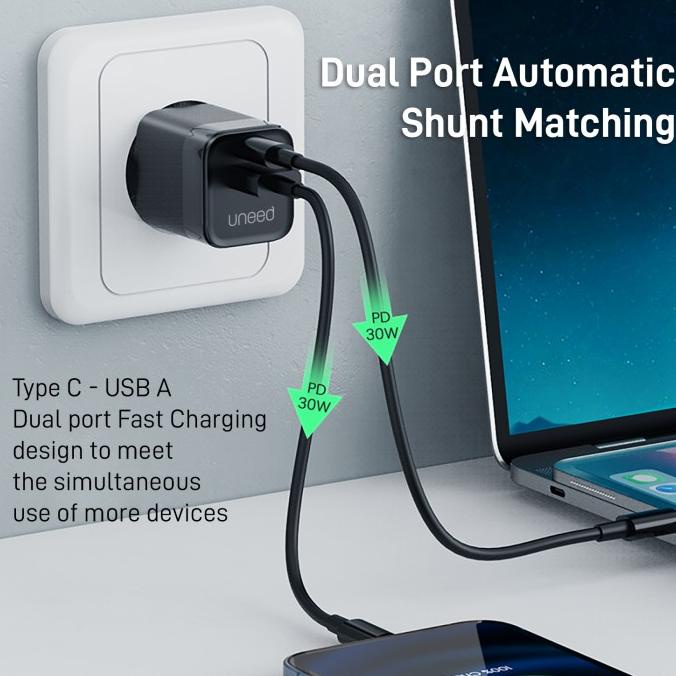 Uneed Mini Wall Fast Charger Dual Port 30W Vooc Pd 3.0 Qc Pps - Uch426 [Cod]