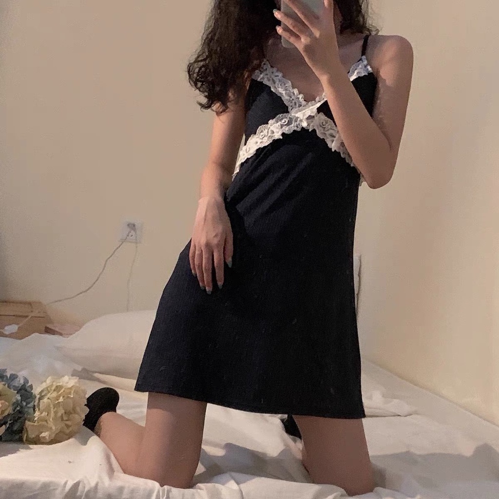 Renda Crossover Baju Tidur Sutra Es Halter Leher V-Neck yang Dapat Dipakai