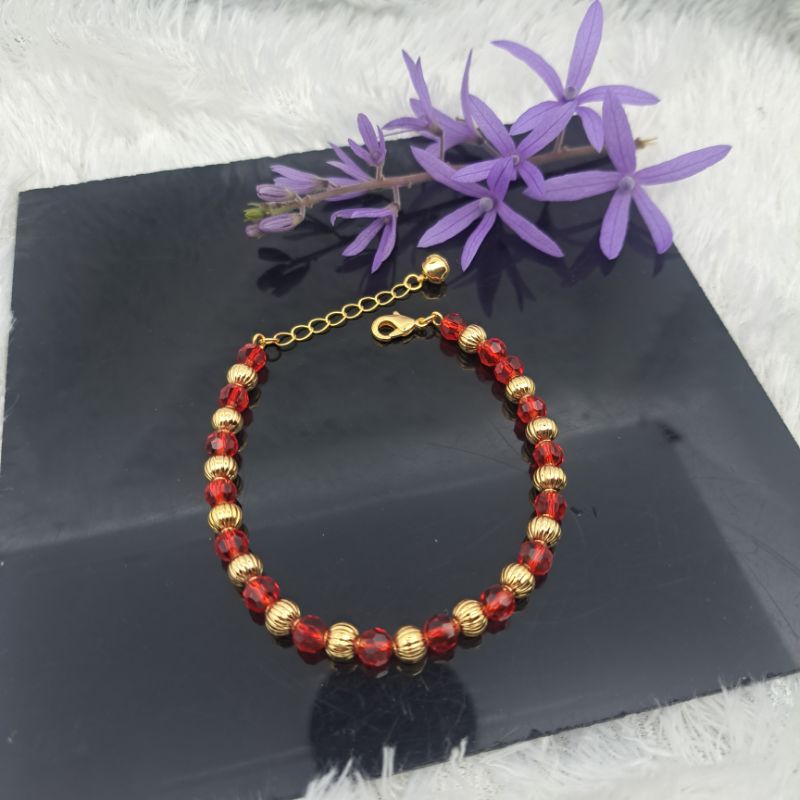 Gelang Kristal Merah bulat Yaxiya lapis emas anti karat