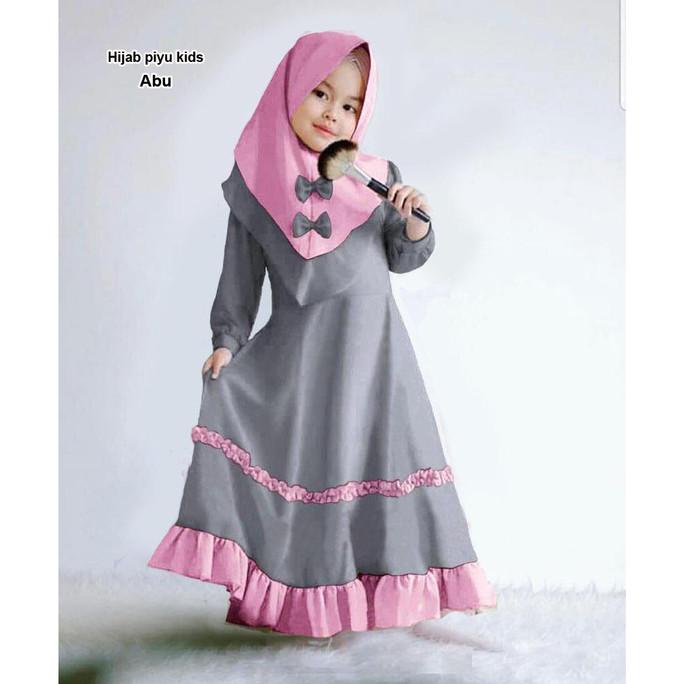 Gamis Anak Perempuan/Hijab Anak/Baju Muslim Anak-hijab piyu abu