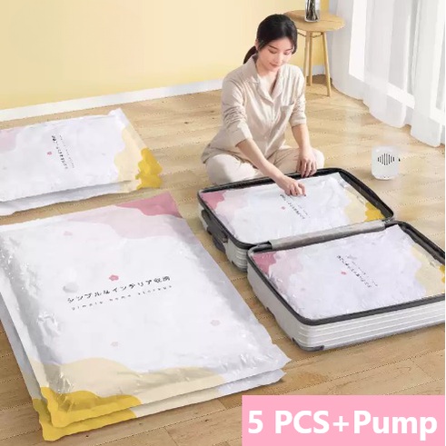 G8UI Shanju Plastik Vakum Baju Compression Bag Various Size 5 Pcs With PumpFl22White Or-i