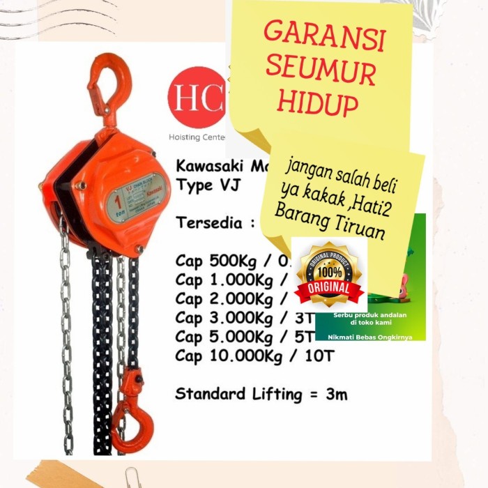 Chain Takel . Katrol . Chain Block Kawasaki Vj Cap 500Kg/0.5T Lifting 3Meter