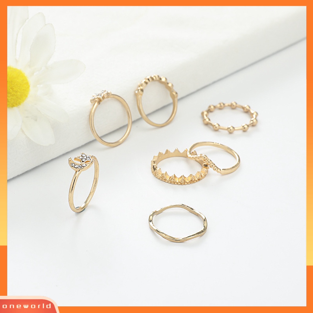 7 Pcs Cincin Geometris Bulan Bintang Aksen Berlian Imitasi Berkilau Untuk Wanita