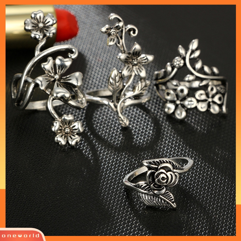 {oneworld} Vintage Flowers s Daun Jari Cincin Set Wanita Pesona Perhiasan Dekorasi