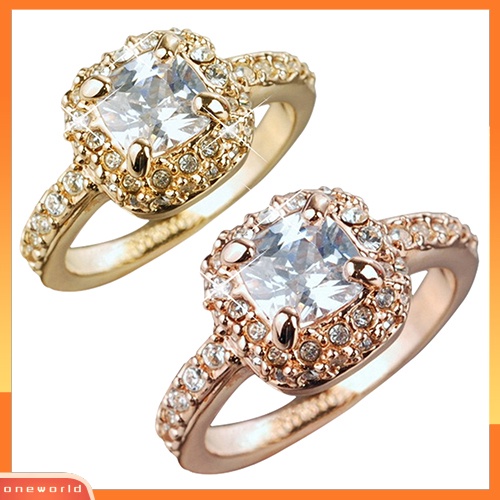 {oneworld} Wanita Pertunangan Pengantin Pernikahan Band Mengkilap Mewah Persegi Berlian Imitasi Cincin Hadiah