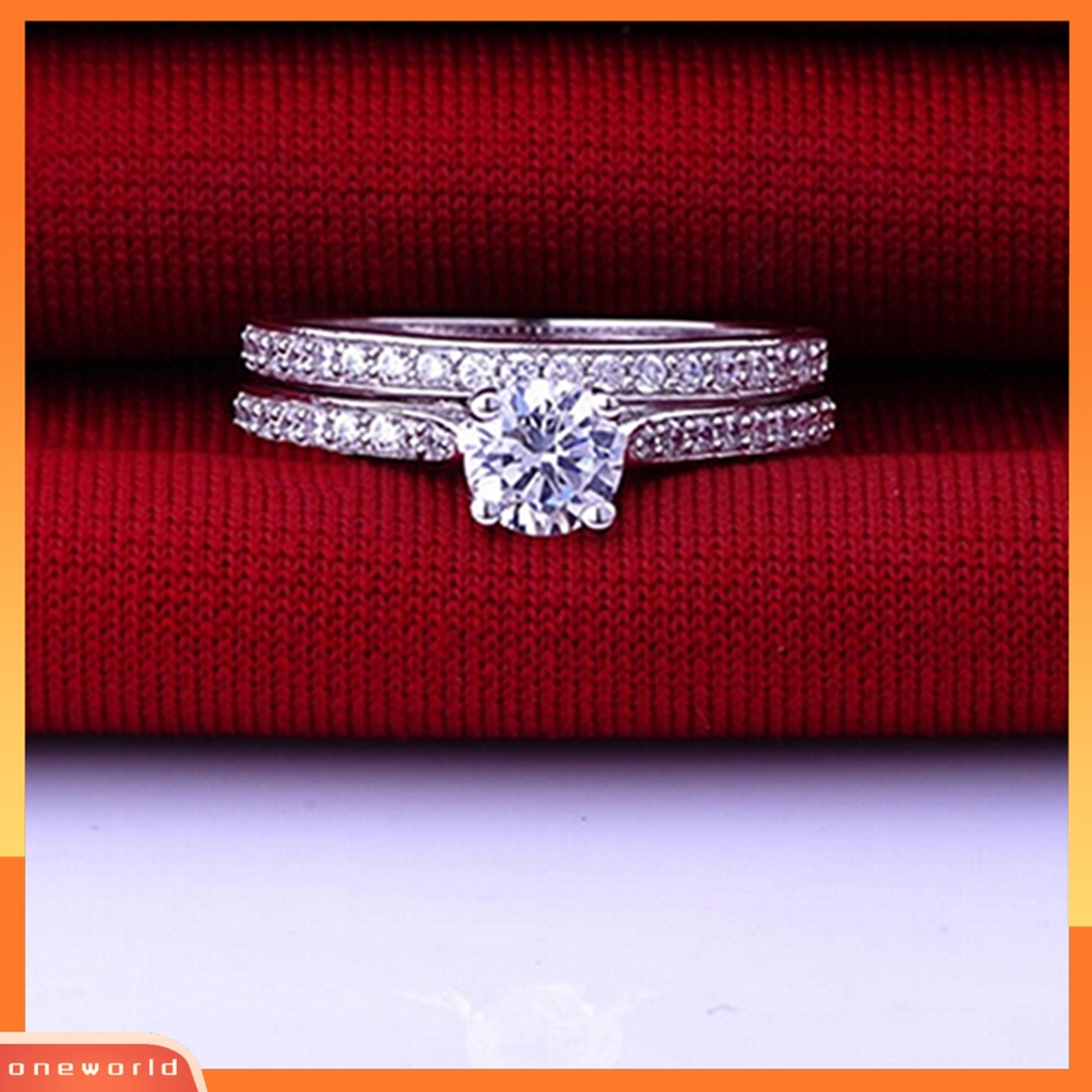 {oneworld} 2pcs/set Cincin Shiny Cubic Zirconia Plated Silver Cincin Jari Pasangan Romantis Untuk Pernikahan