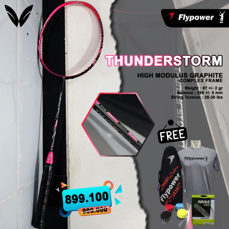 raket FLYPOWER THUNDERSTORM original free tas kaos senar grip