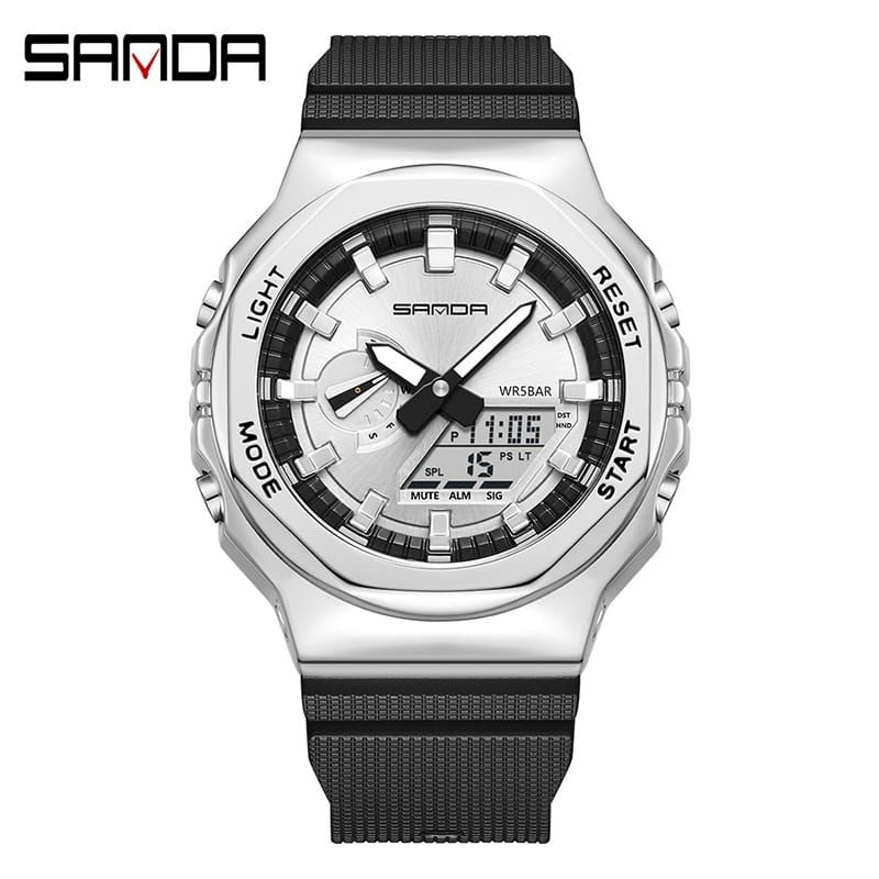 New Limited Jam Tangan Sanda 2100 Terlaris Dualtime Waterproof Display Men Watch Kasual