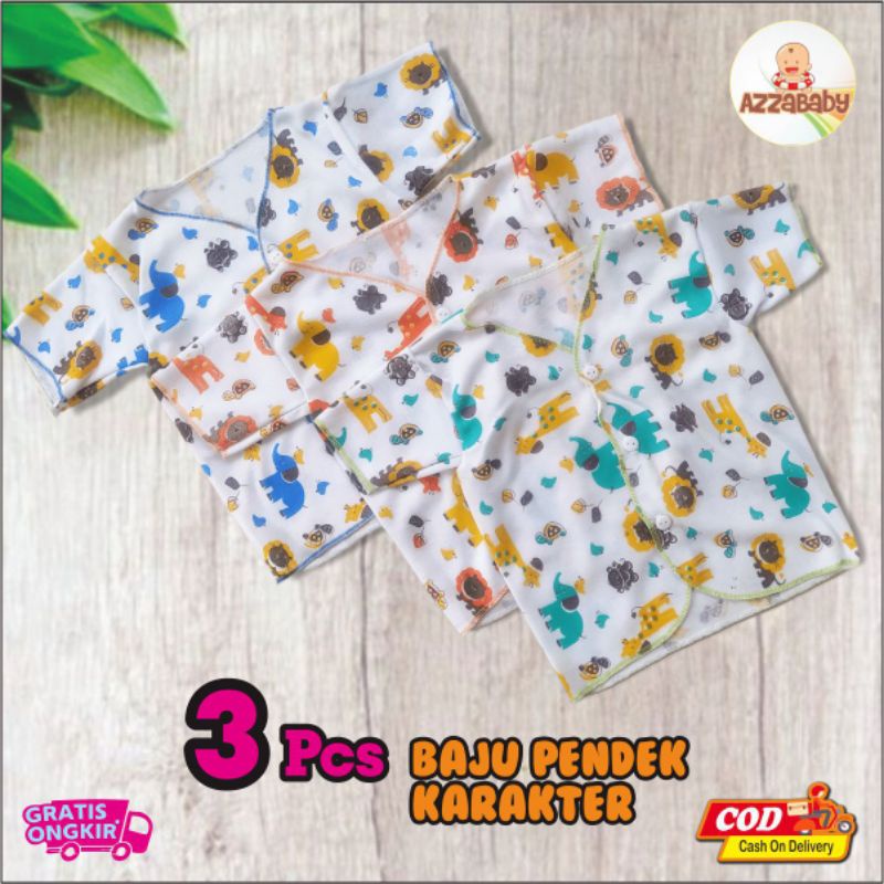3 pcs Atasan Baju Bayi Newborn Lengan Pendek Print Karakter