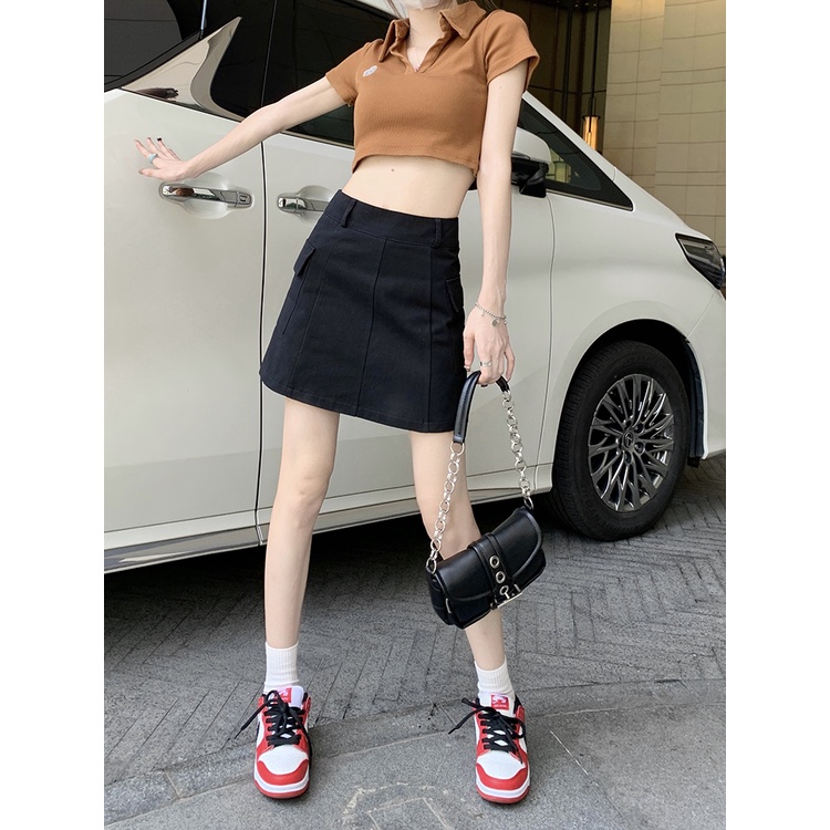 Red Spice Girl Army Green Tooling Denim Rok Wanita Amerika Rok Pendek Musim Panas Tinggi Pinggang Hitam A-line Bag Hip Rok Rok