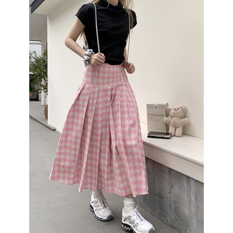 Red Rok kotak-kotak merah muda wanita musim panas baru pinggang tinggi pelangsing A-line rok lipit desain ceruk rok rok panjang