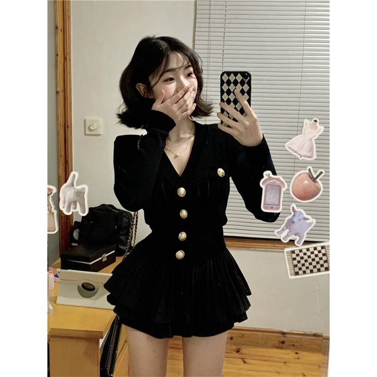 Red Setelan rok angin harum kecil wanita rajutan jaket top musim panas berbulu rok hitam gaya Prancis set dua potong putri