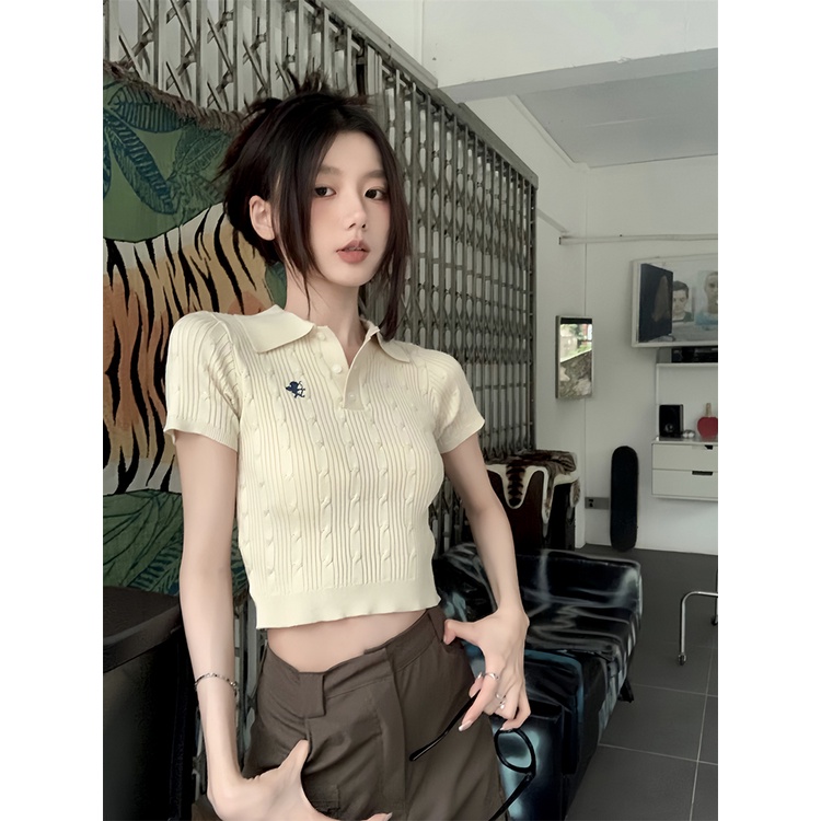 Red POLO kerah bordir rajutan sweater wanita musim panas baru retro hot gadis pendek slim fit lengan pendek pusar abu-abu top