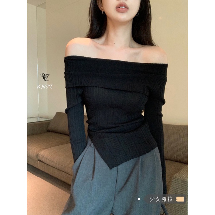 Red Sweater satu bahu yang manis dan pedas off-the-shoulder rajutan sweater wanita musim panas rasa desain kemeja one-shoulder bottoming hitam lengan panjang atas