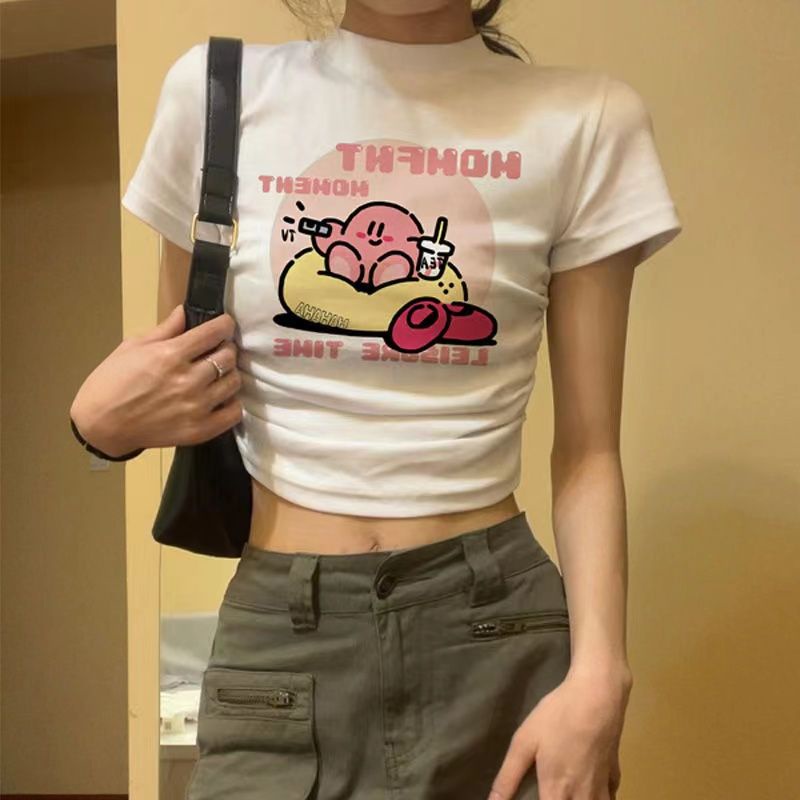 Red Gaya Amerika Pusar T-shirt Pendek Kecil Atasan Wanita Musim Panas Niche Desain Selera Bahu Depan Kapas Murni Unik Khusus lengan Pendek Ins