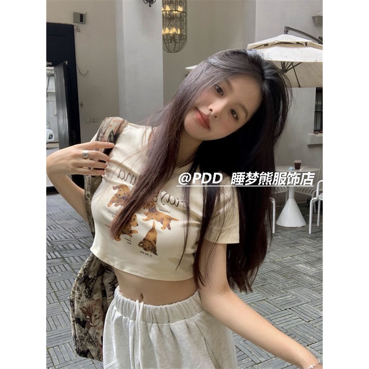 Red Puppy print lengan pendek katun T-shirt wanita musim panas pendek bahu depan hot girl slim midriff top desain terlihat tipis