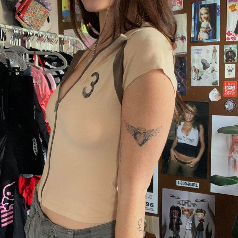 Red Musim Panas Baru Eropa dan Amerika Hot Girls Hit Warna Kerah Kolase Ritsleting Lengan Pendek T-shirt Tinggi Pinggang Ketat Pelangsing pendek Top