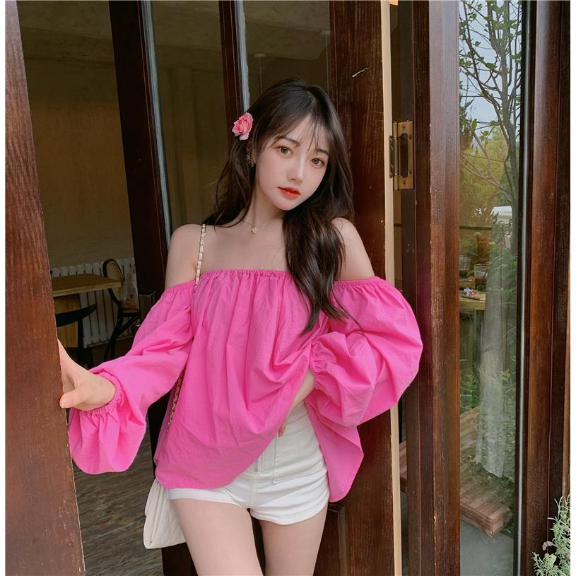 Red Seksi One-Shoulder Top Boneka Kemeja Wanita Musim Panas Baru Angin Lembut Longgar Lengan Panjang T-shirt Mawar Merah bottoming Kemeja