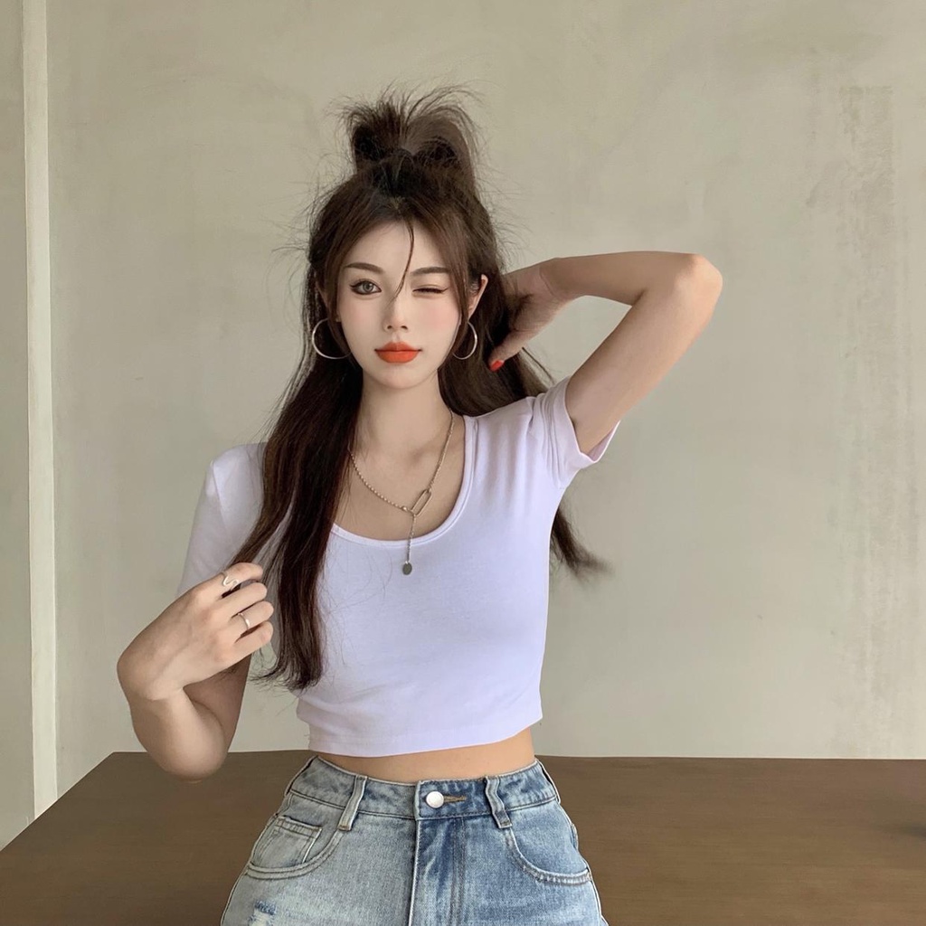 Red Besar Leher T-shirt Pendek Wanita 2023 Baru Pinggang Tinggi Kurus Pusar Seksi Gadis Panas Atasan Musim Panas Slim Lengan Pendek