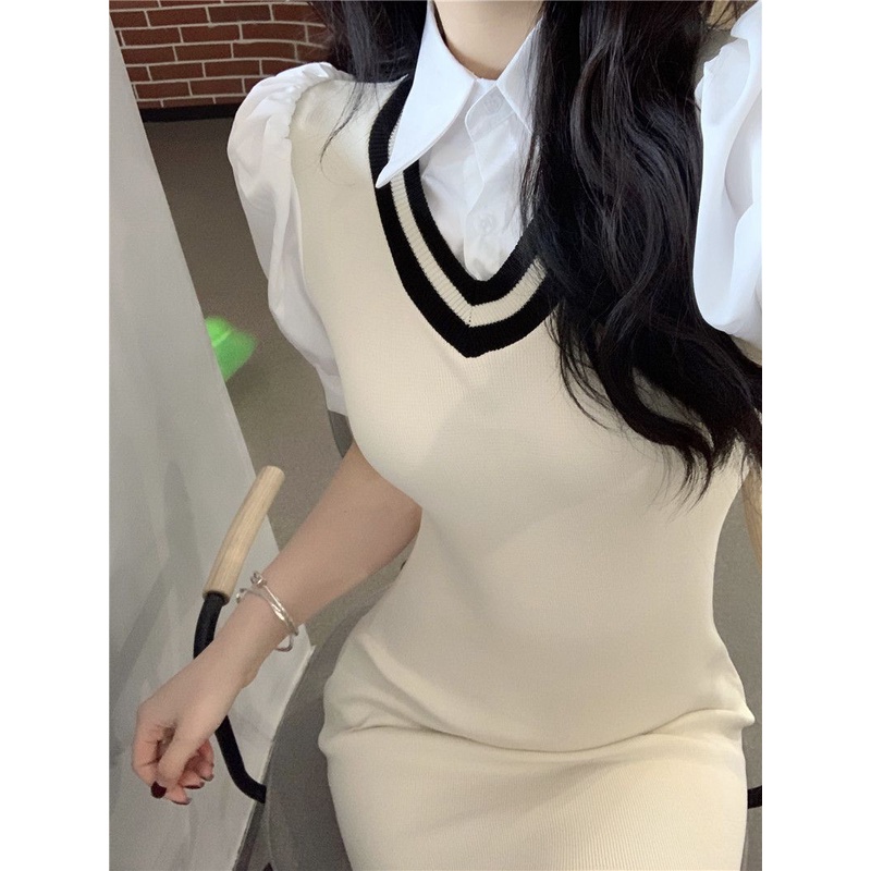 Red Kontras warna gaya barat baju dua potong palsu gaun musim panas wanita baru manis panas gadis pinggang tas pelangsing pinggul rok pendek