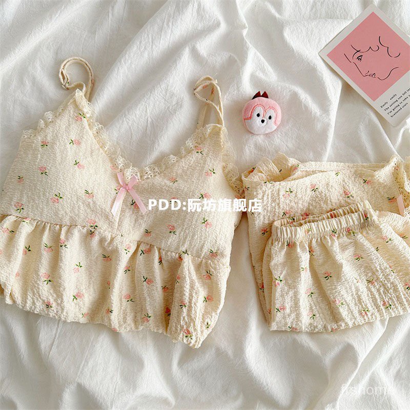 Set piyama 3 potong / bretel wanita dengan bantalan bra / celana pendek tulle