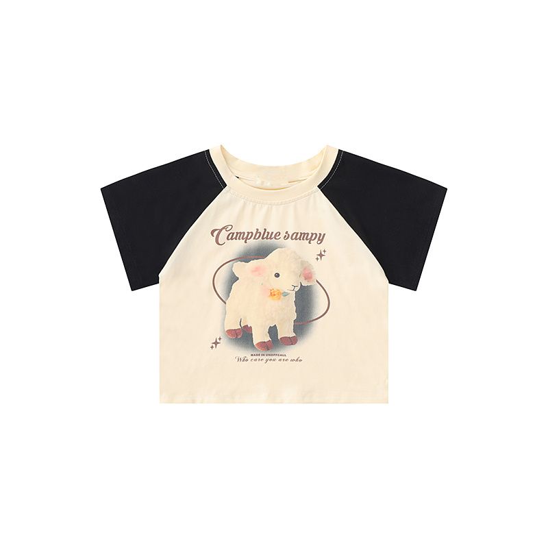 Red Domba Cetak Jahitan Warna Kontras Bahu Depan Lengan Pendek T-shirt Wanita Versi Korea Slim Slim Top Babes In Keinginan Murni