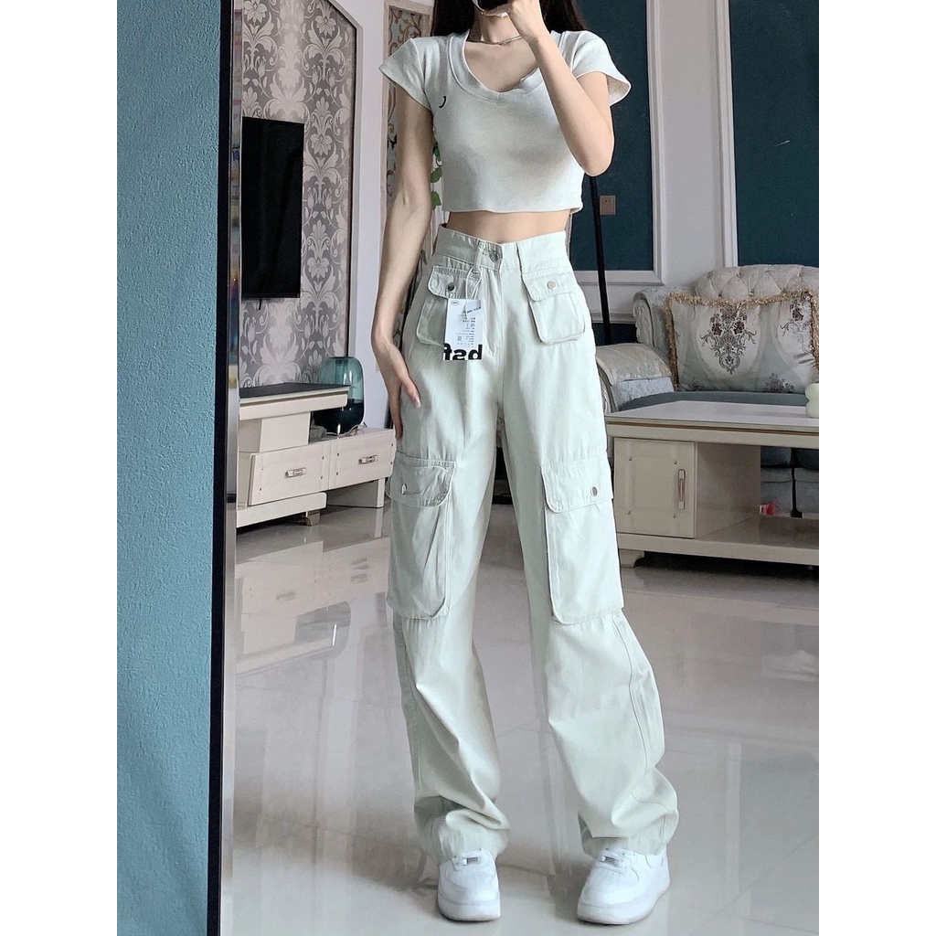 Red Putih Retro Tinggi Pinggang Lurus Workwear Jeans Wanita Musim Panas 2023 Longgar Overall Spice Girl Amerika Celana